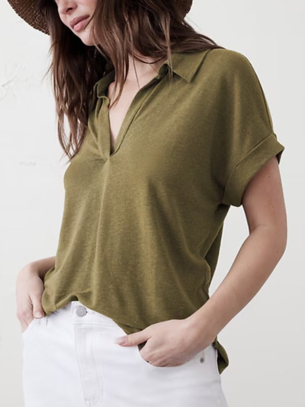 Banana Republic Linen-Blend Johnny Collar Shirt Green